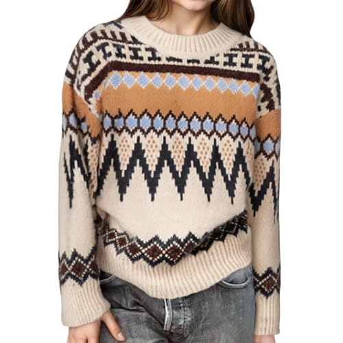 Suéter de Punto Fair Isle para niñas y niños pequeños Manga Larga cálido cómodo Uso Diario otoño Invierno Tejido Calidad (Beige, 1-2 Years)