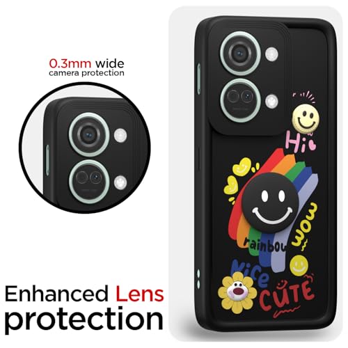 Image of Pikkme Back Cover for OnePlus Nord 3 5G | Soft Silicone| Cute Rainbow Smile & 3D Cartoon Flower Design | Shockproof Raised Camera Protection Bumper Case (Black)