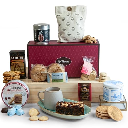 Ultimate Luxury Afternoon Tea Hamper Basket - Fruit Cake, Cookies, Italian Coffee, Pralines, Tea & Biscuits Gift Set - Christmas Hampers for Couples, Birthday Gifts for Grandparents - by Hay Hampers