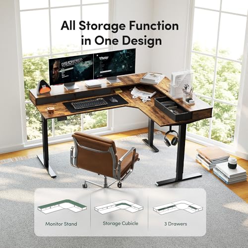 Image of CubiCubi L Shaped Standing Desk with Drawers 63 x 48 Inch Adjustable Height, Electric Corner Desk with Storage, Sit Stand Home Office Desk with Splice Board, Rustic Brown