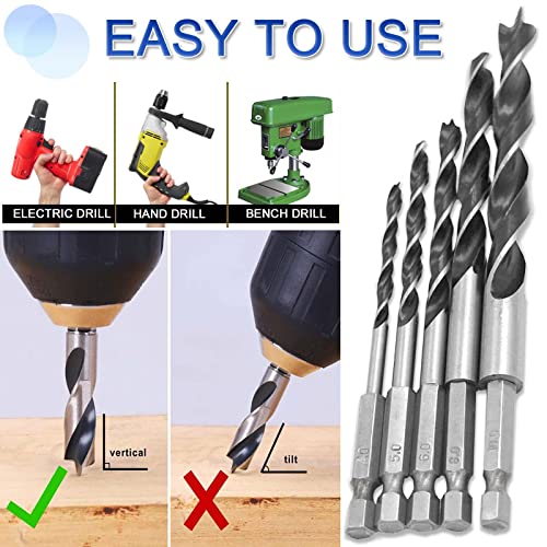Brad Point Drill Bits Set - 4-10Mm 3 Point Quick Change Hex Shank Woodworking Countersink Bits, Hss Carbon Steel Spiral Twist Counter Sinker Drilling Tool For Wood, Plastic,5Pcs #TOP5