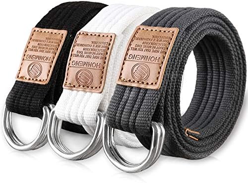 Hantier 3 Pack Canvas Web Belts 1.25" Wide Double D-ring Buckle for Men, Adjustable Solid Color Military Style (Black + White + Blue gray)