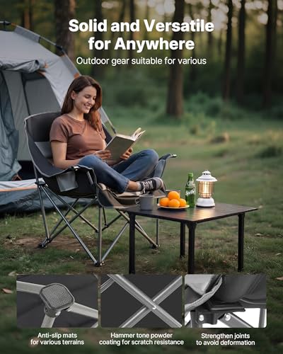 Image of VEVOR Oversized Camping Chairs, 450 lbs Heavy Duty Support, Portable Padded Folding Camp Chairs with Dual Cup Holders & Wine Glass Holders, Carry Bag for Outdoor, Fishing, Black & Gray, 1 Pack