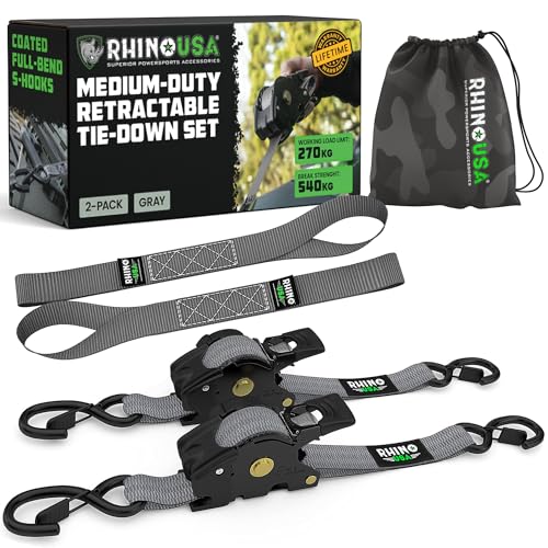 Rhino USA Selbstaufrollende Spanngurte (2er-Pack) - 2.5cm x 3m (540kg Bruchfestigkeit) - Hochleistungs-Automatik-Spanngurte für LKW, Anhänger, Motorrad, Fahrrad & Mehr - Grau