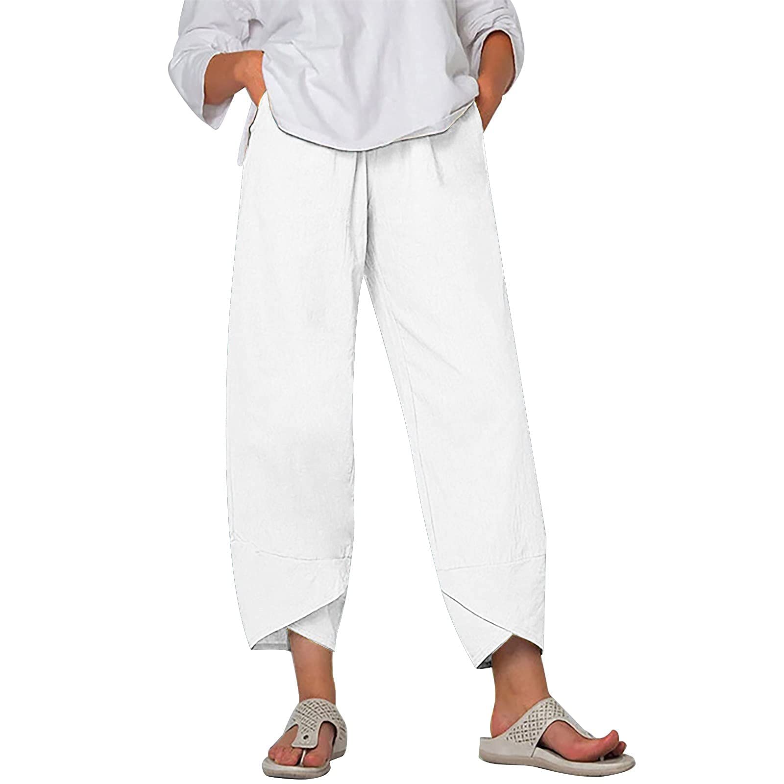 ZOCANIA Linen Capri Pants for Women Casual Summer Petite Linen Trousers Cropped Linen Wide Leg Pants with Pockets