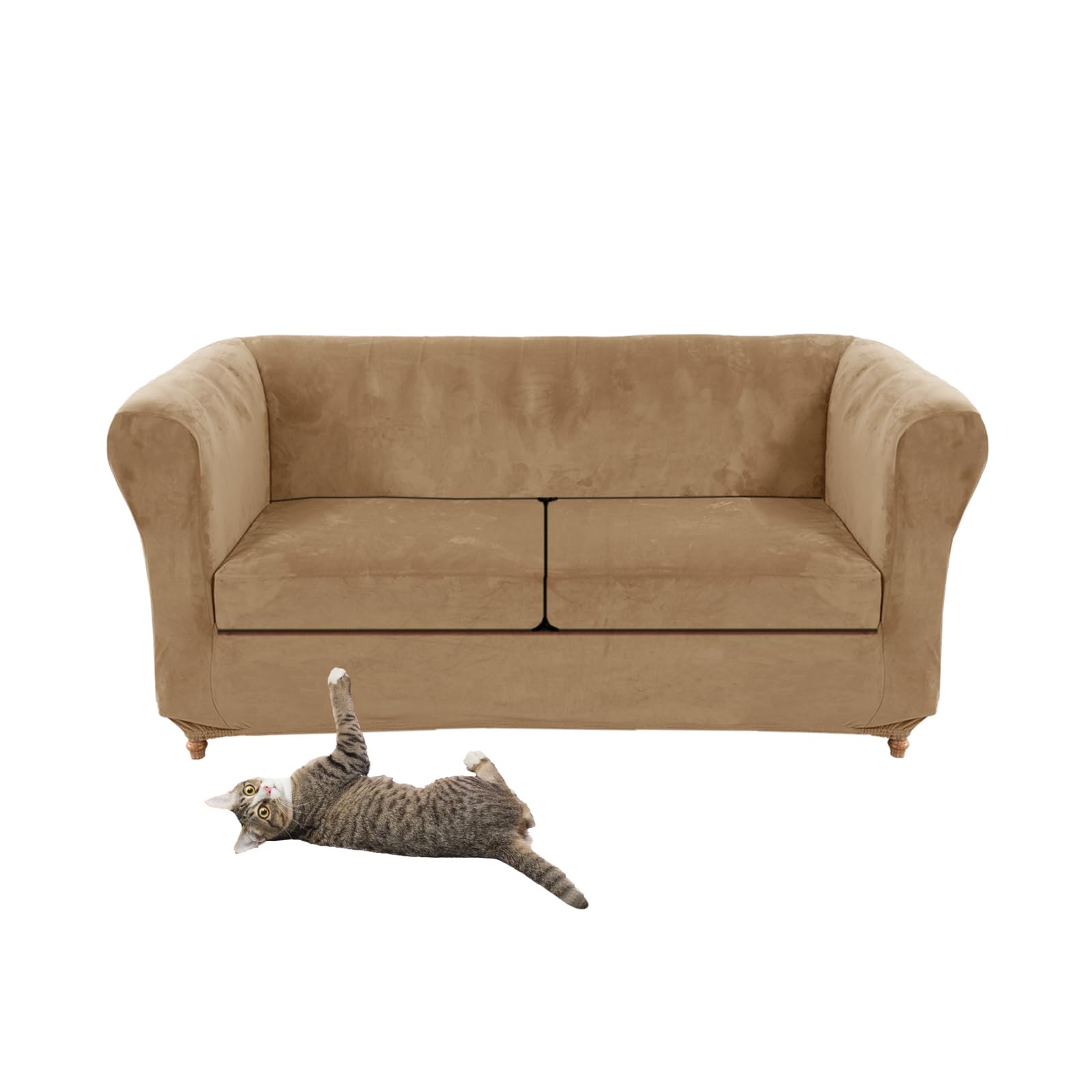 Stretch Velvet Chesterfield Sofa Cover Couch Cover with Seat Cushion Covers for Curved Chaise Armchair Vintage Style (Sand Rub + 2 Small Seats)