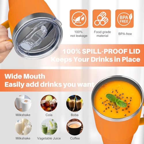 Image of 30 oz Tumbler with Handle, Stainless Steel Insulated Tumbler with Lid and Straw, Double Wall Vacuum Coffee Mug Tumbler, Insulated Coffee Thermal Cup for Cold and Hot (Orange)