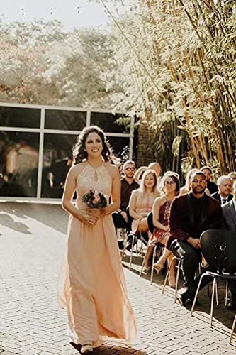 Women's Lace Bridesmaid Dresses Long Halter Chiffon A Line Formal Wedding Party Prom Dress Blush #TOP3