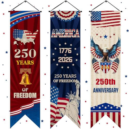 Image of Chiisong 3 Pcs 250 Years of Freedom Party Decorations 250 Anniversary USA Banners 4th of July Porch Sign Patriotic Door Wall Hanging Decor for Indoor Outdoor Independence Day Backdrops Photo Props