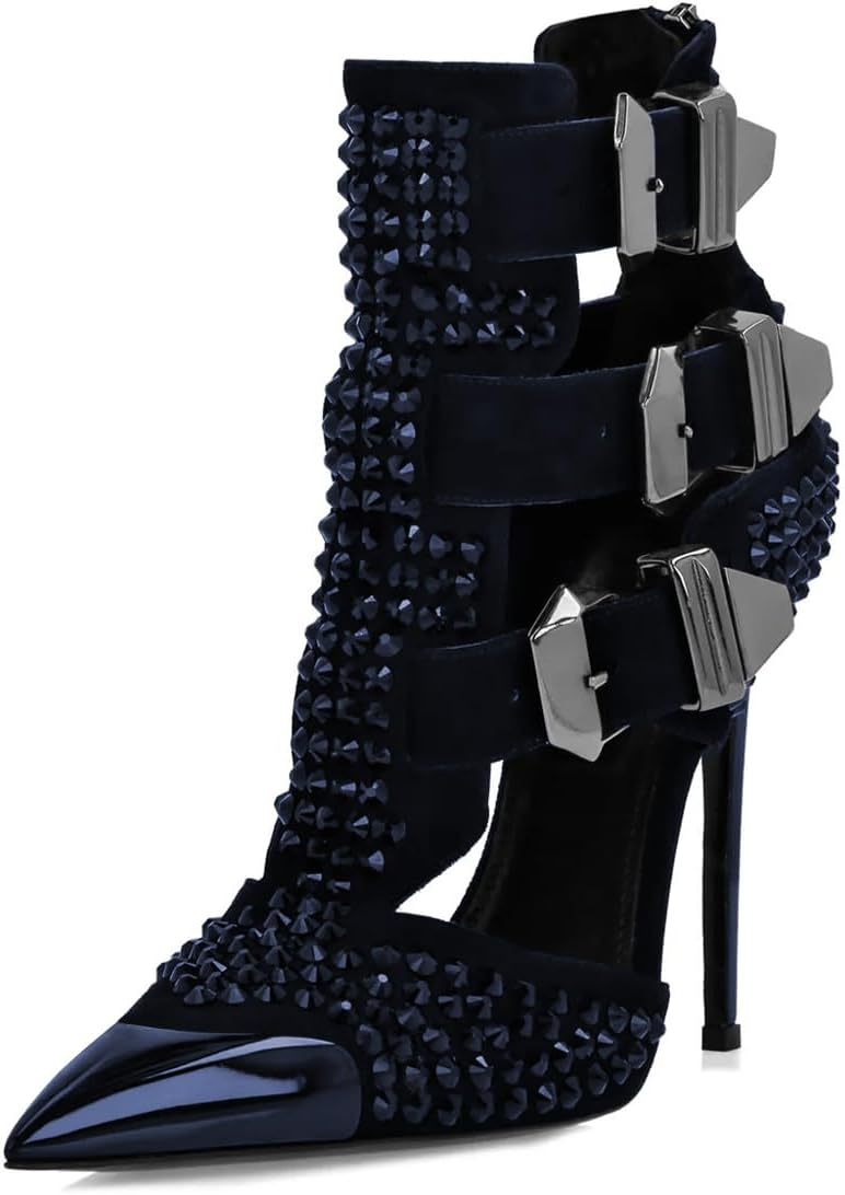 FSJ Women Studded Bling Ankle Booties Punk Pointed Toe Crystal Embellished Cutout Zipper Stiletto Heeled Boots Multiple Buckle Straps Pumps Size 4-16 US