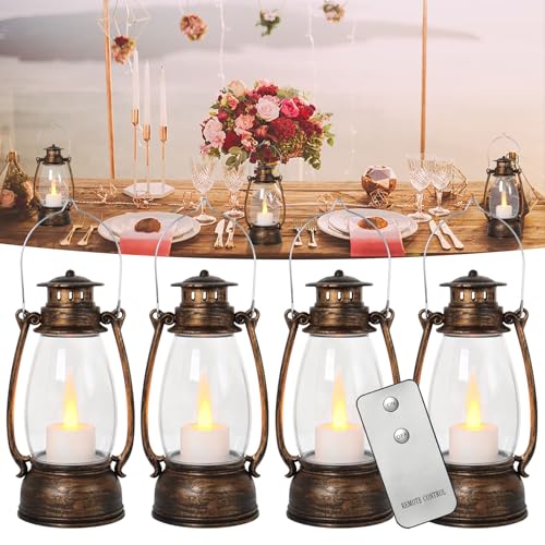Reperla Farol decorativo vintage con control remoto, paquete de 4 faroles LED parpadeantes de buen tamaño, linterna portátil para interiores y exteriores, faroles colgantes para centro de mesa de