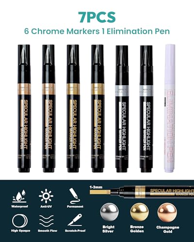 Image of Resiners 6 PCS Liquid Paint Markers, Silver, Light Golden, Mocha Golden Permanent Mirror Metal Markers, Reflective Restoration for Car Hub Model Jewelry, DIY Creations