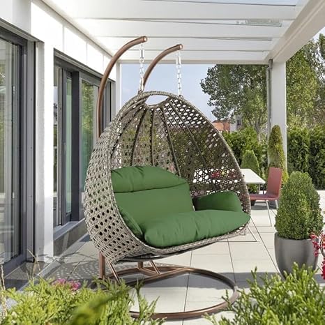 OUTREST Double Seater Swing Chair with Stand & Cushion | Wicker Hanging Egg Chair for Balcony Garden Patio | Indoor Outdoor Swing Sofa | UV Protected Rattan Hammock Chair (Brown+Dark Green, King)