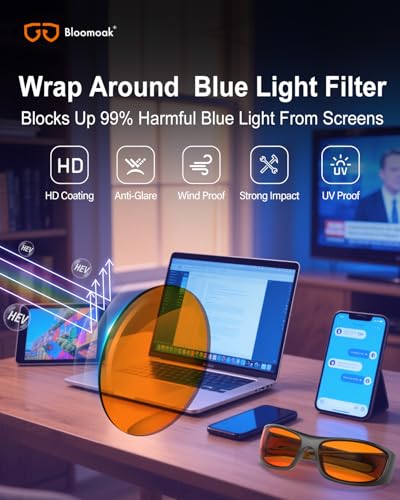 Image of Bloomoak 99% Blue Light Blocking Glasses, Nighttime Sleep Glasses, Gaming Glasses, Wraparound Blocks Top, Side And Front Blue Lights, For Night Use Computers,Tablets,Phones, Orange