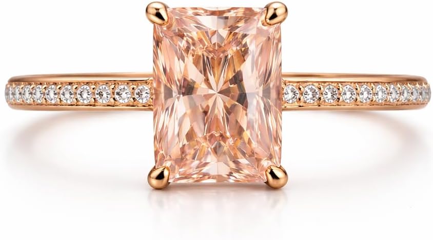 Radiant Cut Peach Morganite Engagement Ring for Women 14K Rose Gold Pavé Diamond Solitaire Ring Valentine’s Day Fine Jewelry Gift