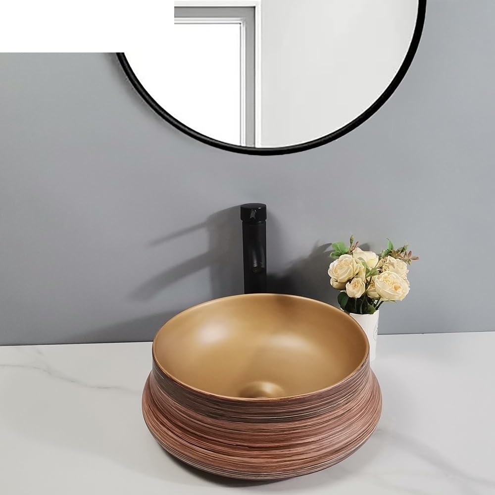 Zlewozmywak łazienkowy złoty okrągły brzuszek szczotkowany wzór umywalka na blat umywalka ceramiczna hotel apartament łazienka blat umywalka zlewozmywaki