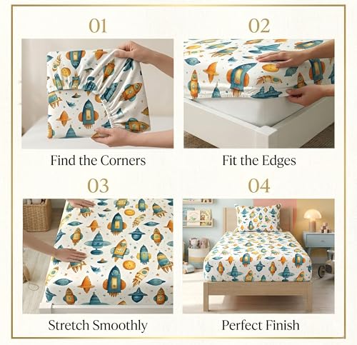 Image of VAS COLLECTIONS Single Bed Fitted Bedsheet 36x72+8 Inches with 1 Pillow Cover | 180 TC Microfiber Elastic Bed Sheet | Soft Breathable Cute Printed Design for Kids & Couples (Kid Rocket Print)