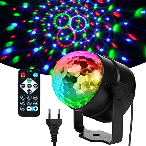URAQT Luzes de discoteca, rotação de 360 ° bola discoteca com som ativado luzes de festa 7 cores RGB luz discoteca com controlo remoto, luz discoteca para KTV, DJ, festa, bar, casa