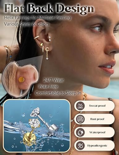 16 Gauge Cartilage Earrings for Women - 14K Gold Plated Flat Back Earrings Hypoallergenic Surgical Stainless Steel Stud Hoop Cartilage Earrings Set Daith Conch Tragus Helix Piercing Jewelry2