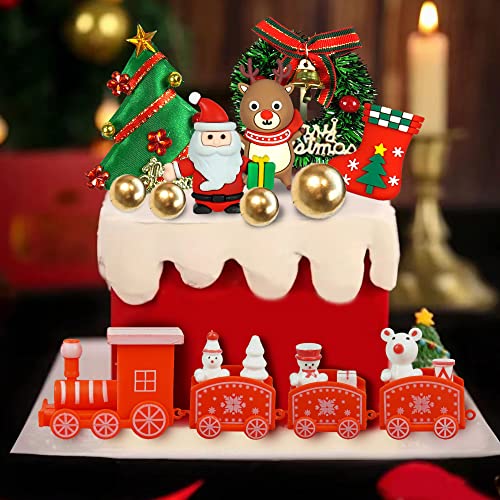 Christmas Cake Toppers Merry Christmas Cake Decoration With Christmas Tree Mini Santa Sleigh Reindeer, Mini Train For Christmas Themed Birthday Party Baby Shower #TOP6