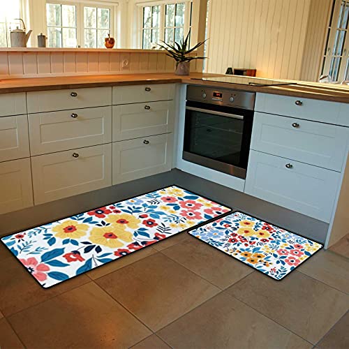 Kitchen Rugs and Mats Set of 2 Pieces Anti Fatigue Standing Mat Multicolor Floral Blue Leaves Summer Spring Non Slip Washable Comfort Flooring Carpet Runner for Kitchen Home