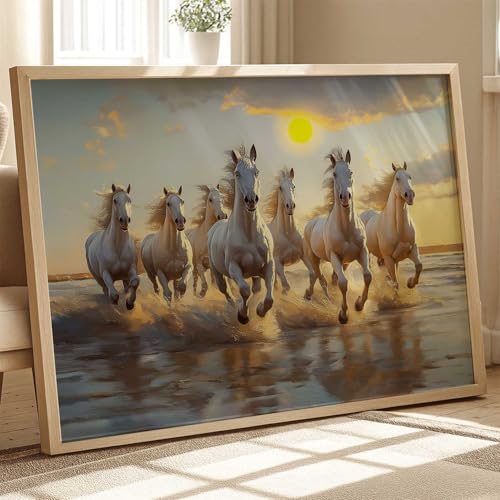 Image of HOTHOUSE 7 Horses Vastu Frame Wall Art Painting for Living Room Bedroom Office Home Decor | Seven Running Vastu Lucky Horse Rising Sun Painting Wall Decor Size (19X25 inch)