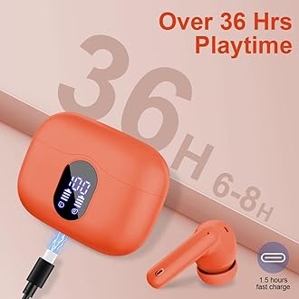Wireless Earbuds, Bluetooth 5.4 Headphones In Ear with 4 ENC Mic, 2025 Wireless Earphones Noise Cancelling Deep Bass, LED Display, Bluetooth Earbuds 36H Playtime, IP7 Waterproof Ear buds, USB-C Orange