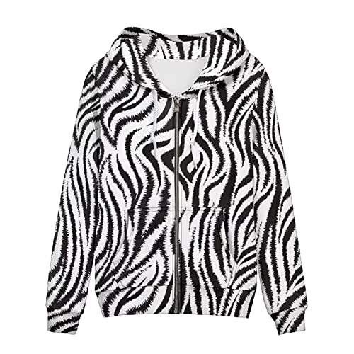 Netilgen Full Zip Hoodie For Women Girls, Casual Long Sleeve Sweatshirt Hooded Jacket With Pockets For Sport Workout Hiking, Zebra Print #TOP28