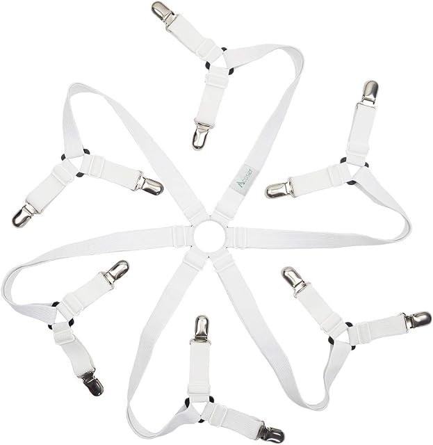 Acoser Sheet Straps,Long Adjustable Bed Sheet Clip,6 Sides Triangle, Fit Bedsheets,Table (White)