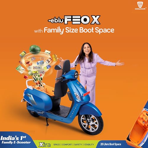 Image of eblu India's 1st Family e Scooter - Feo X - Typical Driving Range 110km per Charge - Top Speed 60 kmph, Xtra - Space | Comfort | Safety |Stability (Telegrey)