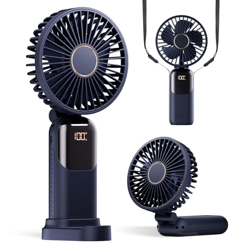 Image of GOCKERA Portable Fan, 4200mAh Battery Operated Fan, 5 Speeds&Digital Display, Makeup Fans for Women with Base, 180Foldable 3in1 Handheld /Neck /Desk Fan for Outdoor Indoor,Ultra Quiet (Blue)