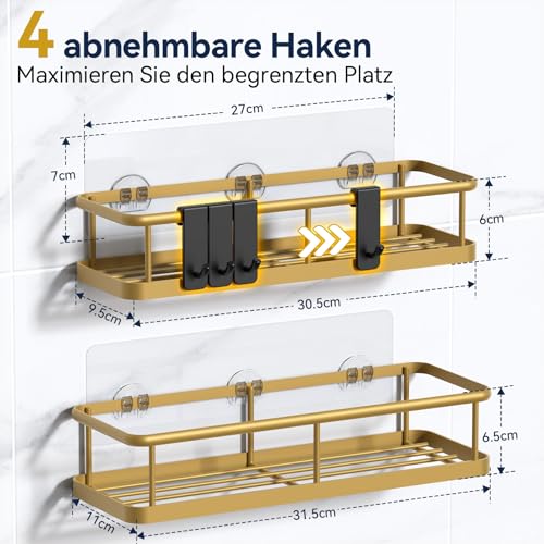 YASONIC Duschablage Ohne Bohren, 2 Stück Rostfreie Badezimmer Organizer, Schnelltrocknender Duschregal Ohne Bohren, Große Kapazität Shampoo Halterung für Dusche mit 2 Haken, Large Gold