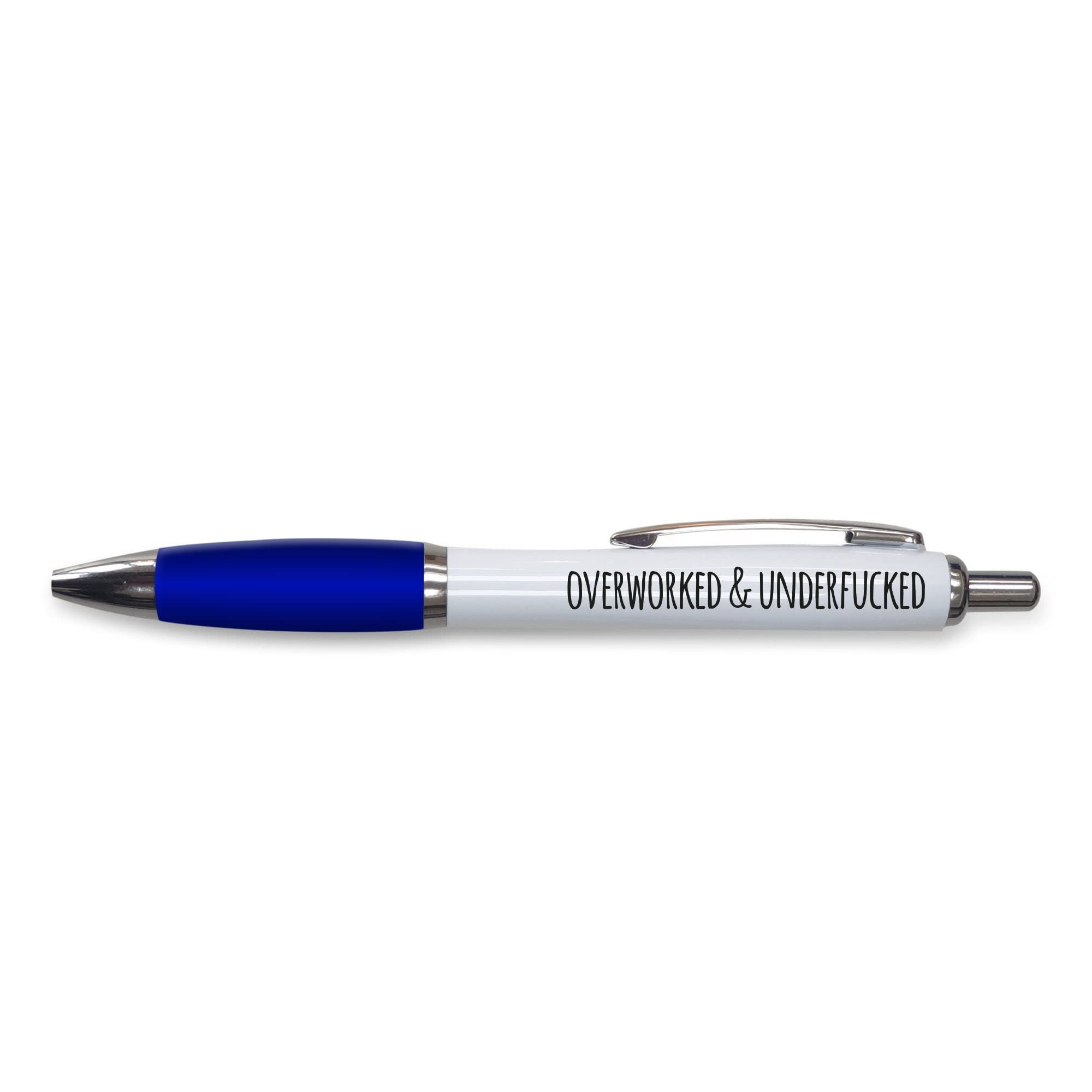 Tongue in Peach Funny Novelty Push Pen Gift | Ballpoint Pens Work Colleague Leaving Work Present | Overworked & Underf | Funny Joke Stationary | BLUE PP82