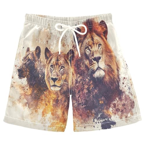 Boys Beach Board Shorts Lion Tiger Animal Graffiti Swim Trunk Teen Swimwear 8-16Y Multicolor