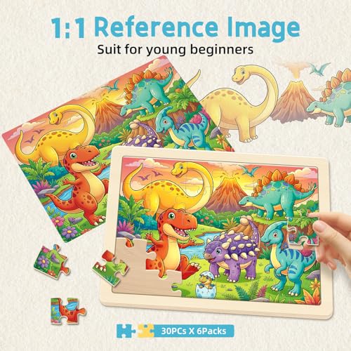 Puzzles de madera para niños de 3 a 6 años, set de 6 puzzles con 30 piezas cada uno, temas de descubrimiento mundial miniatura 6