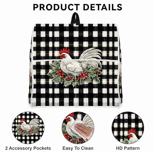 Image of Kitchen Dust Cover Compatible with 4.5 5 6 8 quart Stand Mixer, Kitchen Appliance Protective Covers with Top Handle and Pocket (Black-white striped chicken, For All 6-8 qt Mixer)