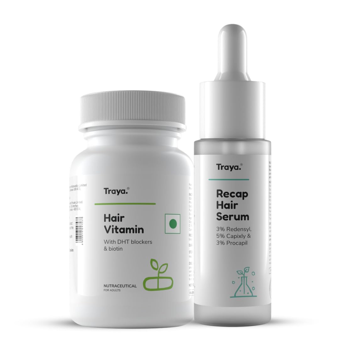 TrayaHairfall Control Combo, Contains Dht Blocker & Hair Growth Actives, Biotin, Bhringraj, Redensyl, Procapil And Capixyl, (Hair Vitamin 30 Capsules + Hair Recap Serum 30Ml)