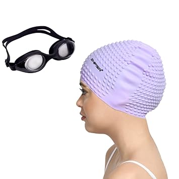 Premium Swimming Goggle, Premium Round Bubble Swimming Cap for Short and Long Hair Combo KIT for Men Women Boys Girls Free Size-Bubble Cap+Black ASG4 (Purple)