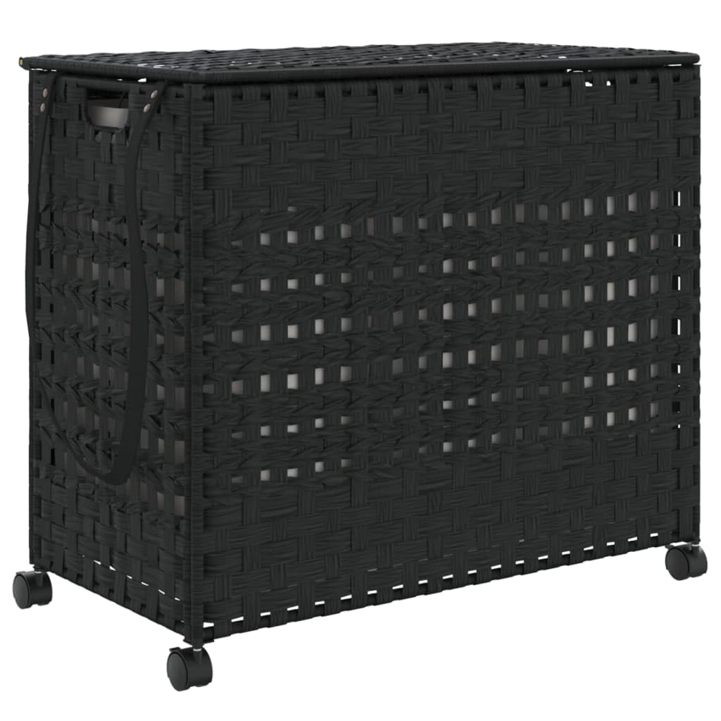 Cesta para la colada de ratán con ruedas, 66 x 35 x 60 cm, con tapa y bolsa interior extraíble, 3 compartimentos para clasificar la ropa, contenedor plegable con frenos