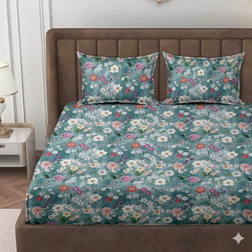 Image of DECOREZA Premium Cotton Feel Elastic Fitted Bedsheet Queen Size 60 x 78 Inch with 2 Pillow Covers | All-Around Elastic | Soft & Breathable | Mattress Upto 10 Inches (Blue Bootie)