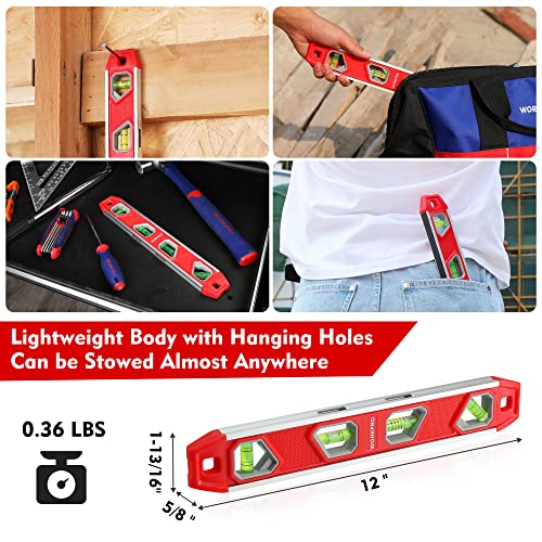 WORKPRO 12 Inch Torpedo Level, Magnetic Small Leveler Tool, Plumbing Level with Pitch Vial, Aluminum Reinforced, 4 Bubbles, V-Groove for Conduit Bending by WORKPRO - Image 5