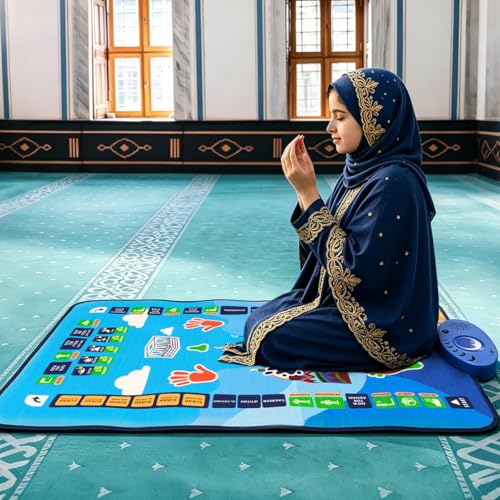Salah Mat for child Interactive Prayer & Reverts Learning Surahs Salah Duas & More - Muslim Prayer Rug with 36 Touch Keys 7 speaking language Padded Prayer Mat Layer & Speaker for Ages 8+