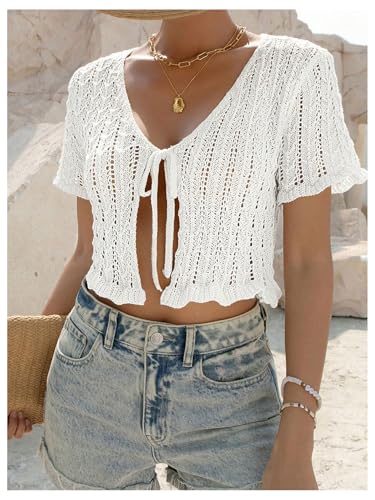 SHENHE Women's Short Sleeve Tie Front Knit Cropped Sweater Lightweight Summer Cardigan Knitwear4