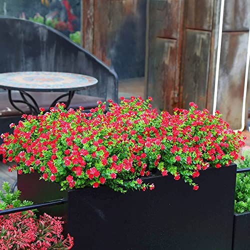 Momkids Artificial Plants Outdoor, 10Pcs Uv Resistant Faux Outdoor Plastic Greenery Shrubs Plants Hanging Planter Indoor Outside For Porch Home Wedding Garden Decor (Red) #TOP3