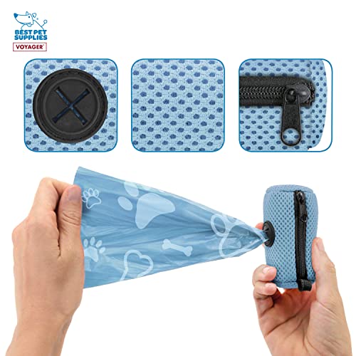 Image of Best Pet Supplies Dog Poop Bag Holder Leash Attachment with Reusable Dispenser for Travel, Walking, Park, and Outdoor Use, Durable with Clip-On - Baby Blue, Mesh Dispenser w /15 Bags
