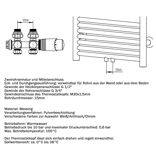 Multiblock mit Thermostat, Hahnblock Eck und Durchgangsform für Radiatoren Bad Heizkörper Mittelanschluss Ventil-Armaturen Anschlussarmatur Heizungszubehör Ventil Thermostatkopf, G1/2", G3/4", 50mm