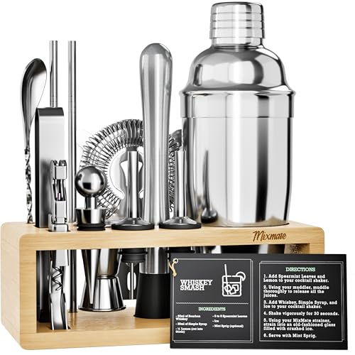 Image of Mixology Bartender Kit with Stand - 15 Piece Bar Tool Set, Silver Bar Set Cocktail Shaker Set for Drink Mixing - Includes Martini Shaker, Jigger, Strainer, Bar Mixer Spoon, Tongs | Gift Idea (Natural)