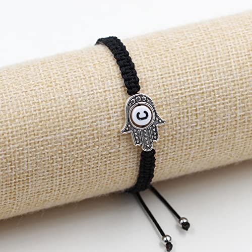 Image of Uloveido Customized A to Z 26 Letters Hand of Fatima Bracelet - Fatima Hamsa Hand Evil Eye Protection Bracelet Lucky Charm Adjustable Braided Black String