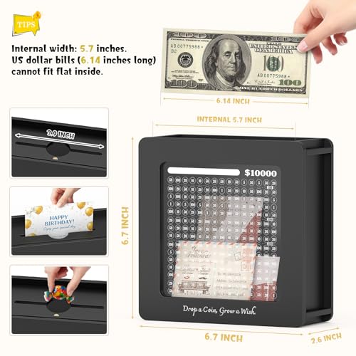 Image of Summidate Wooden Money Saving Box, Clear Window Cash Vault Savings Box -10000 Challenge with Tracker Stickers, Reusable Piggy Bank for Adults & Kids, Birthday /Baby Shower /Wedding Gift