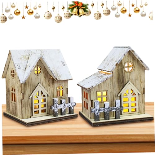 Ensemble de 2 Maisons de Village Noël avec Toit en Neige en Bois avec lumière LED pour centres Table Noël, décoration Maison Vacances - Décoration
